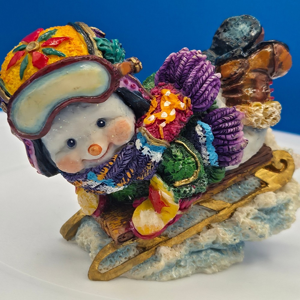 Enesco Vtg Snowman Sledding Figurine Colorful Resin Goggles Hard To Find 1997